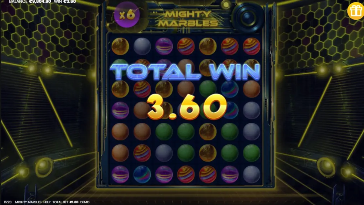 Tampilan visual slot Mighty Marbles dengan tema kosmik dan kelereng neon