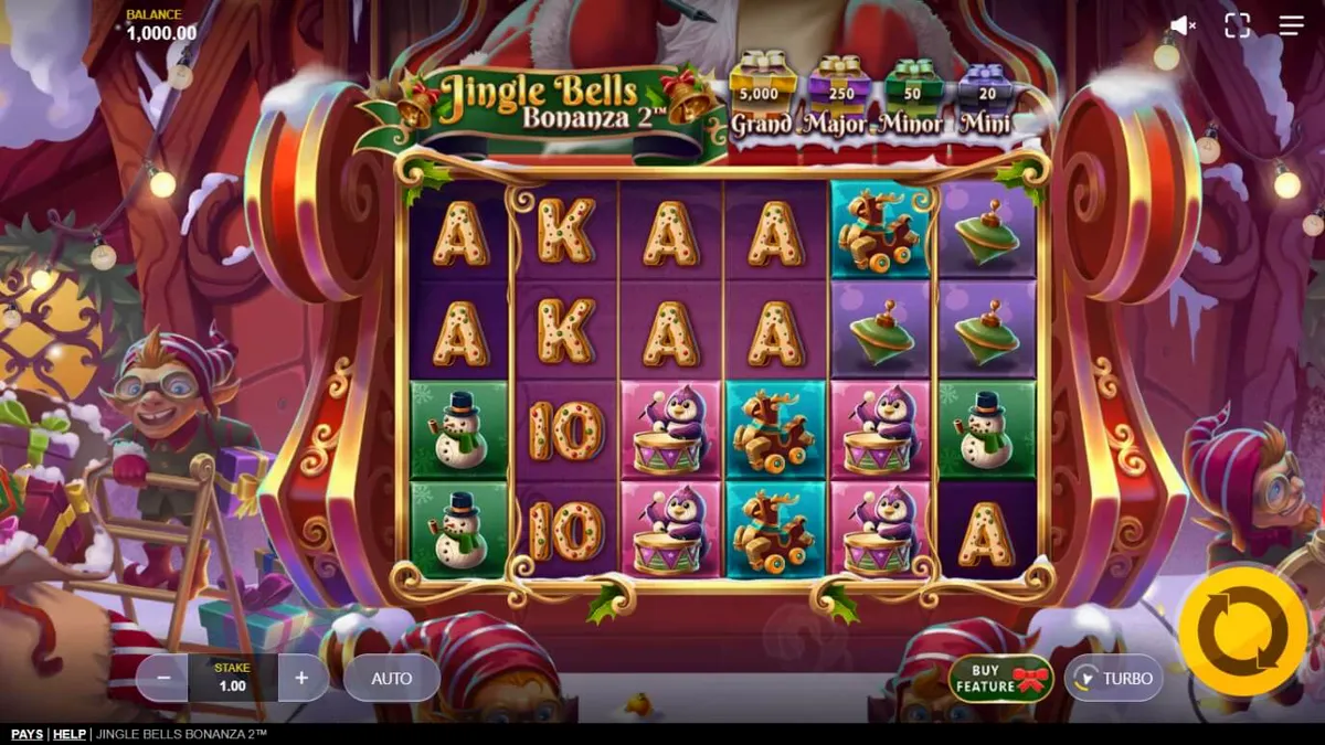 Tampilan visual slot Jingle Bells Bonanza 2 dengan latar belakang salju dan kereta luncur Santa