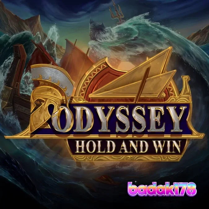 Tampilan layar permainan slot Odyssey Hold and Win dengan tema mitologi Yunani dan grid 4x4.